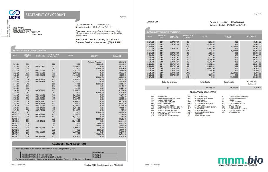 Filipiny ucpb wyciąg z rachunku bankowego szablon w formacie Excel i PDF